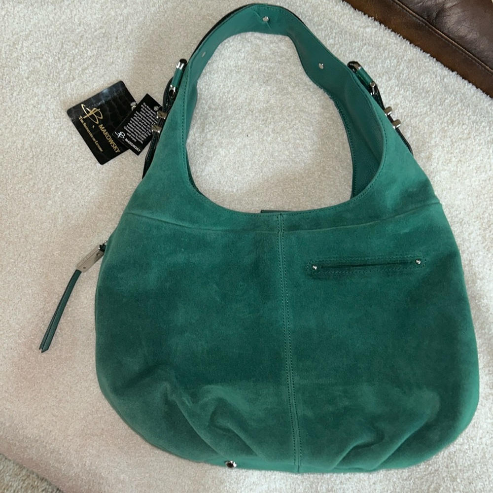 B. Makowsky Green Suede Hobo Tote